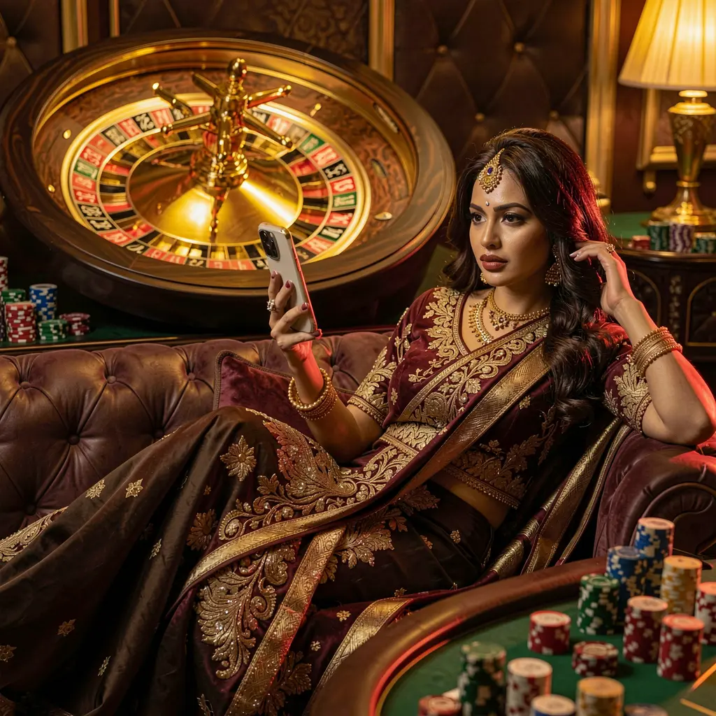 Elegant Bangladeshi woman browsing casino games on the BK6666 mobile app with a glowing roulette wheel behind her