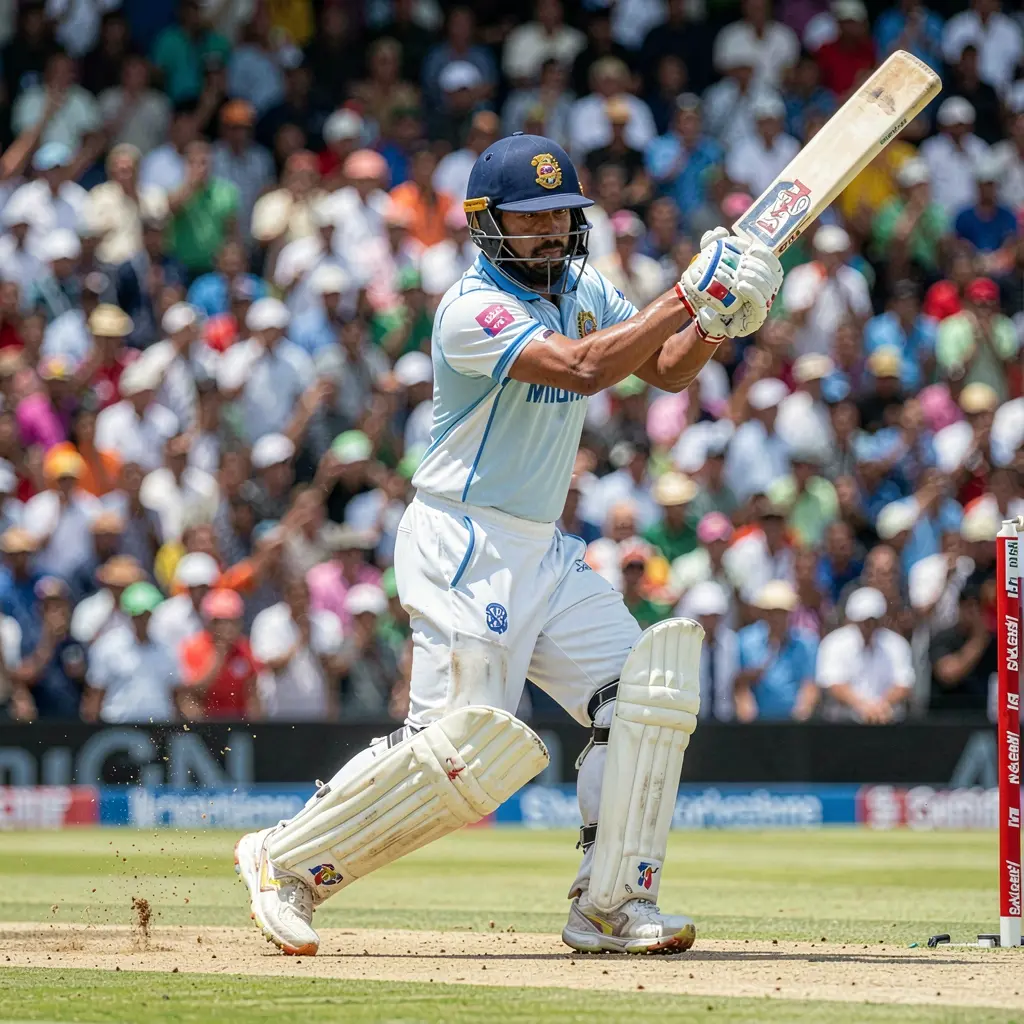 Dynamic cricket betting scene with a top batsman in full swing and a packed stadium highlighting live match betting excitement at BK6666 in Bangladesh