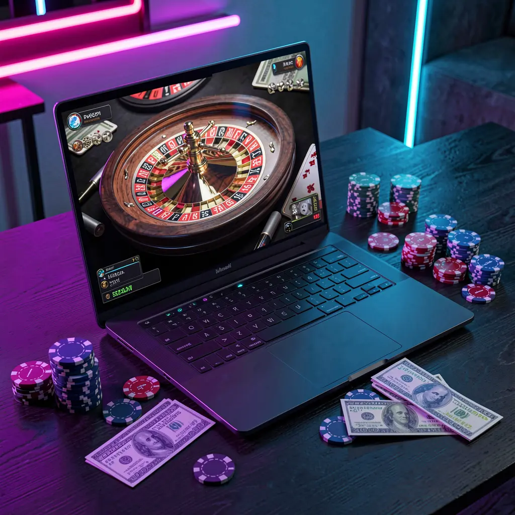 Stylish online casino scene with a laptop displaying roulette chips and cash under moody lighting representing high quality gaming at BK6666 in Bangladesh