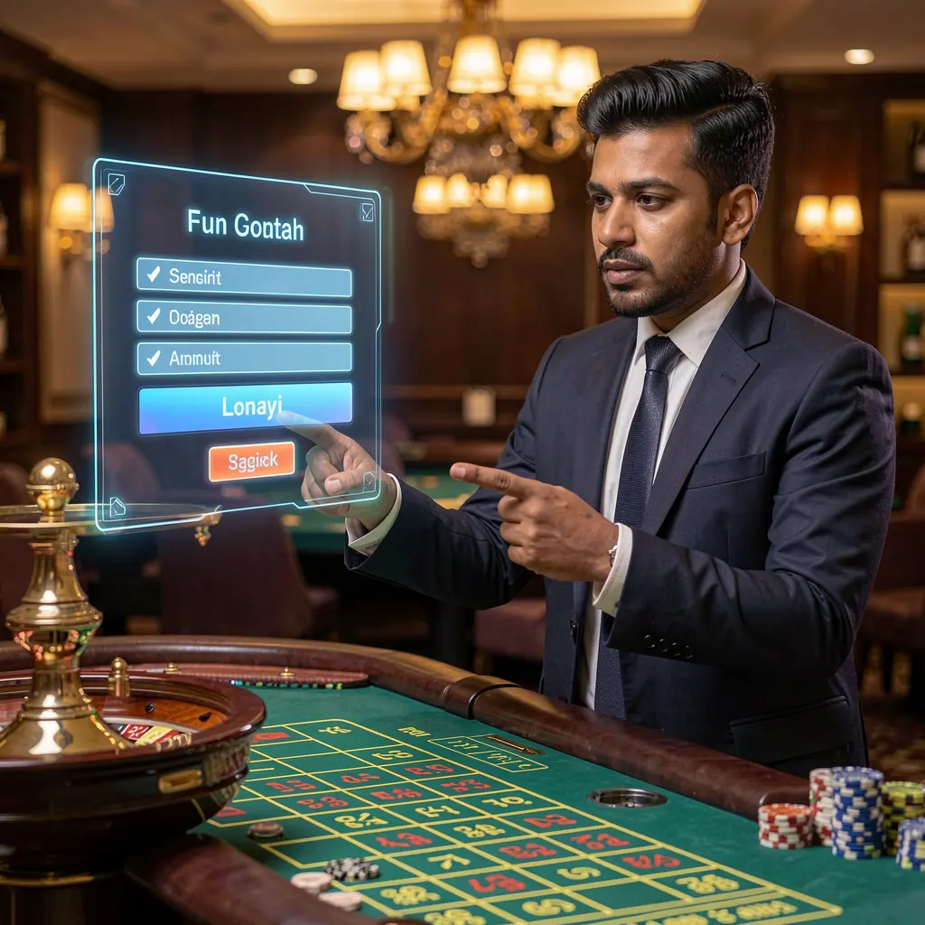 Confident Bangladeshi casino professional pointing toward a glowing holographic login panel with a roulette table behind him at BK6666