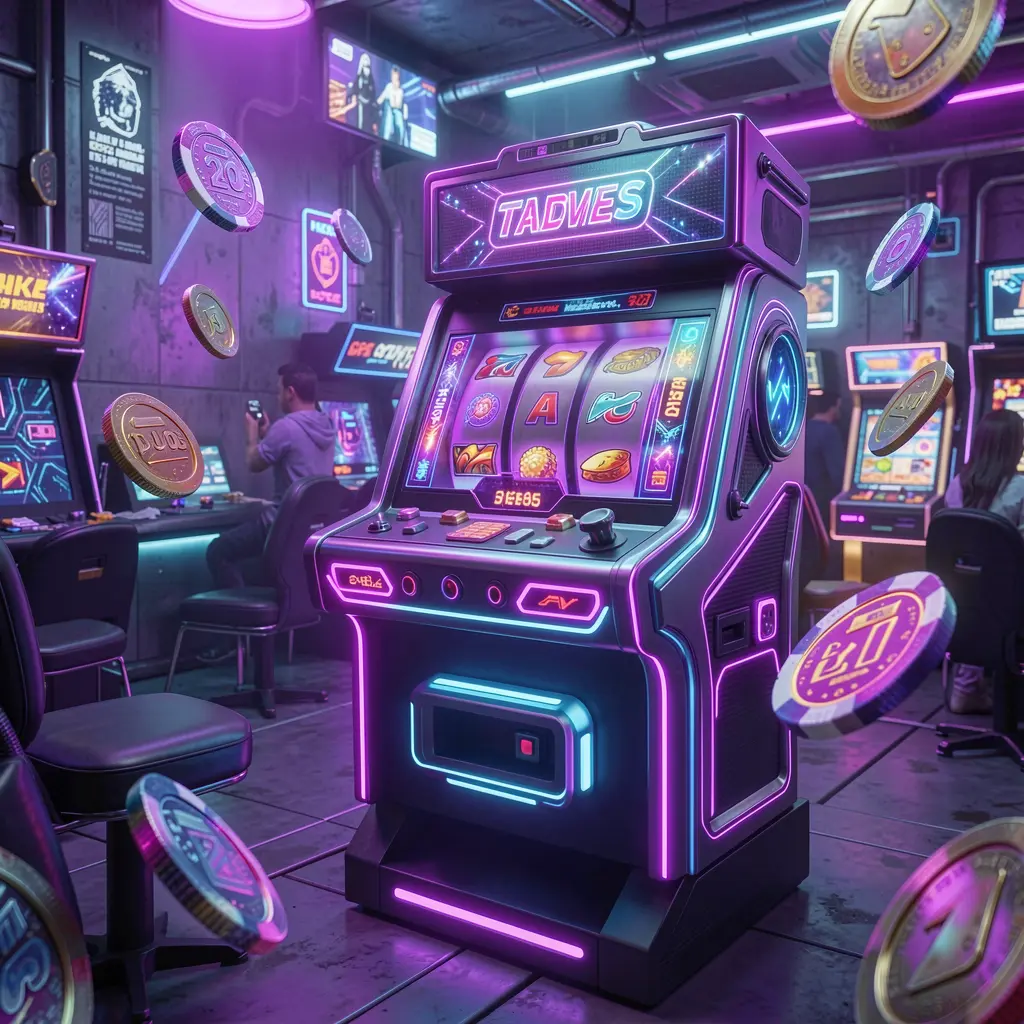 Futuristic slot machine surrounded by glowing digital coins and neon lights representing high energy online slot gaming at BK6666 in Bangladesh